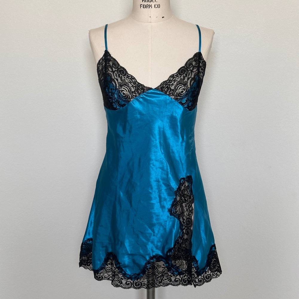 Fredericks of Hollywood Teal Blue Satin Lace Chemise Nightgown Small Corset Back